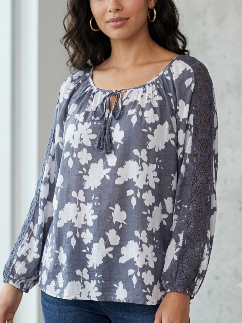 Penmans Gray Floral Peasant Blouse with Lace-Inset Sleeves Size 14